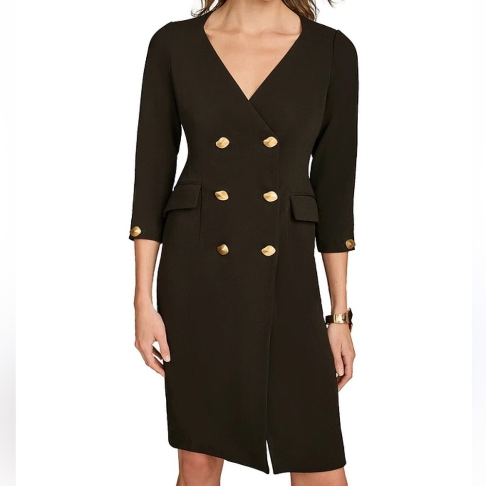 Donna Karan Cady Black Crepe V-Neck 3/4 Sleeve Double Breasted Jacket Dress NWT